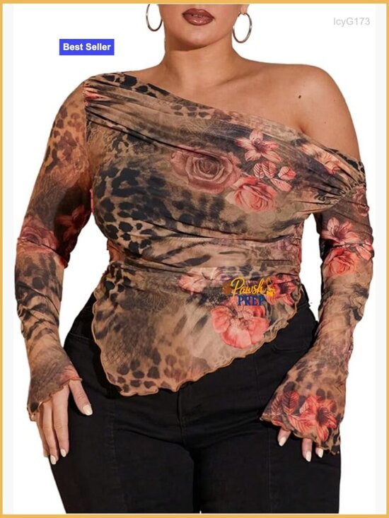 Tops - Plus Size Off Shoulder Leopard Print Long Sleeve Tee Ruched Hem